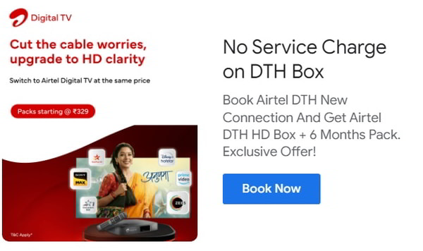 Book Airtel DTH New Connection - No Service Charge offer